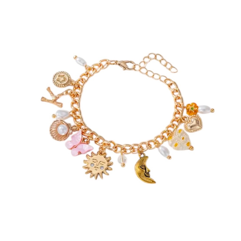 Boho Style Charm Bracelet with‎ Sun, Moon, Butterfly Pendants - Gold